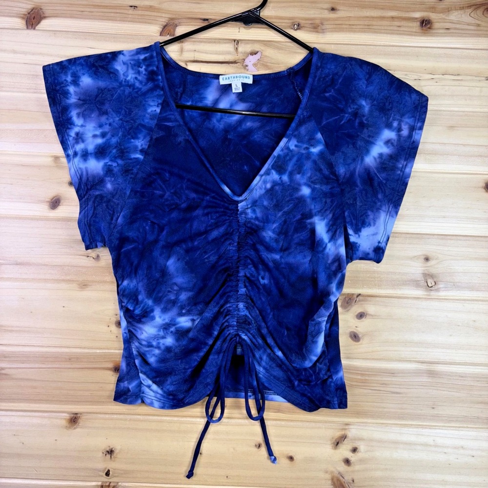 Earthbound Crop Top Womens Large Blue Tie Dye V Neck Rouched Short Sleeve Shirt